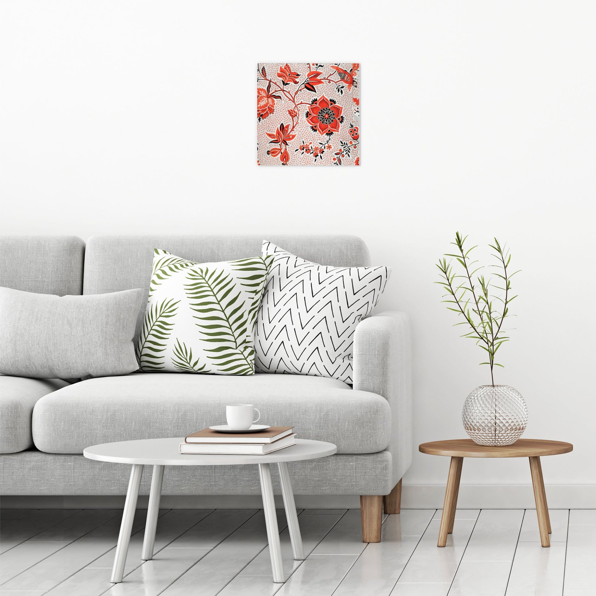 A contemporary modern room view showing a medium size metal art poster display plate with printed design of a Vintage Red Floral Wallpaper Pattern