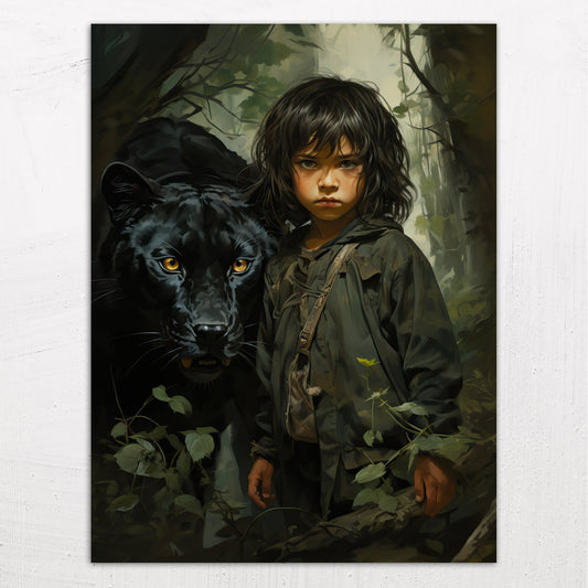 A large size metal art poster display plate with printed design of a Boy and Black Panther Fantasy Painting