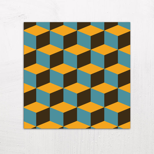 A large size metal art poster display plate with printed design of a Blocks Geometric Pattern in Brown, Blue and Mustard
