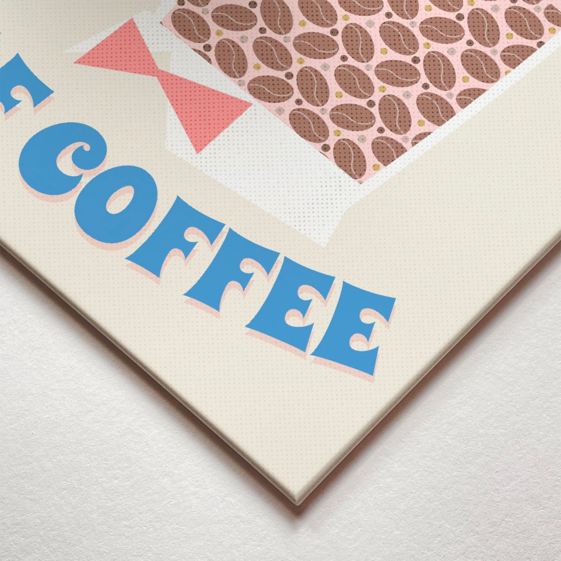 A closeup corner detail view of a metal art poster display plate with printed design of a Half Human Half Coffee' Fun Retro Quote