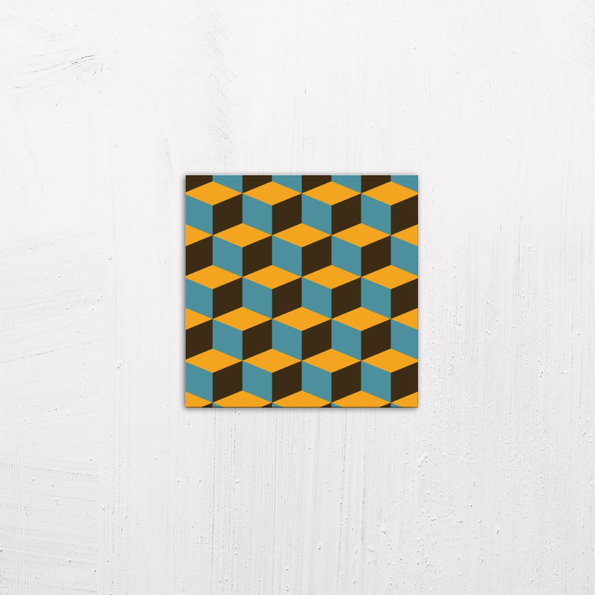 A small size metal art poster display plate with printed design of a Blocks Geometric Pattern in Brown, Blue and Mustard