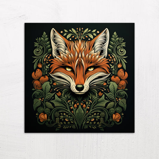 A large size metal art poster display plate with printed design of a Fox and Foliage illustration