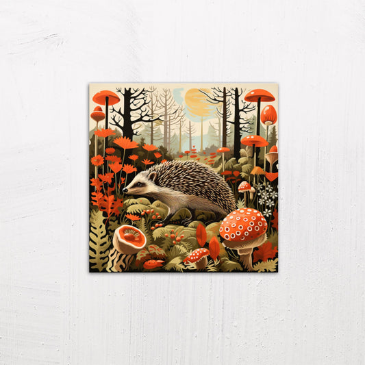 A medium size metal art poster display plate with printed design of a Woodland Hedgehog illustration