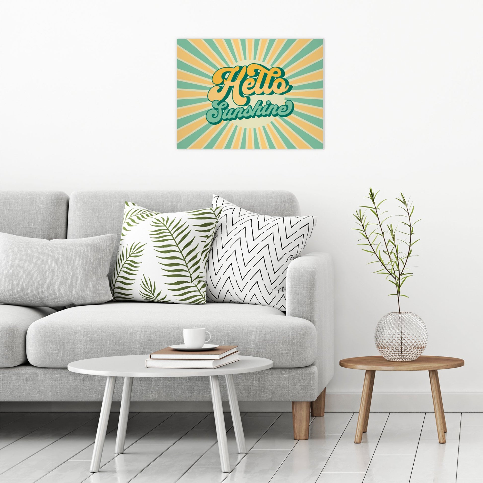 A contemporary modern room view showing a large size metal art poster display plate with printed design of a Hello Sunshine Quote