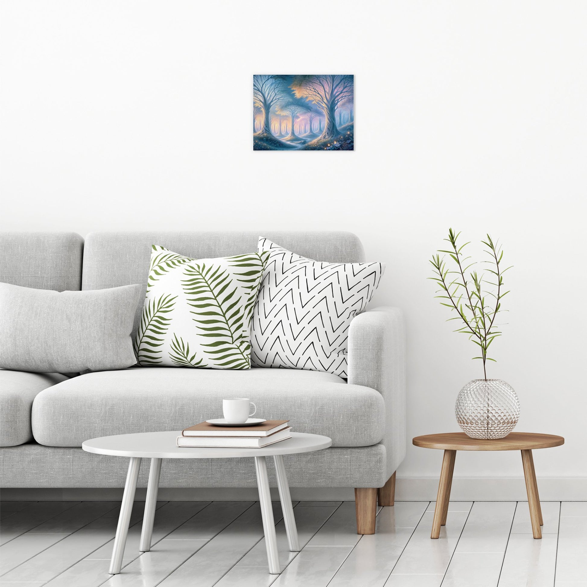 A contemporary modern room view showing a small size metal art poster display plate with printed design of a Mystical Forest
