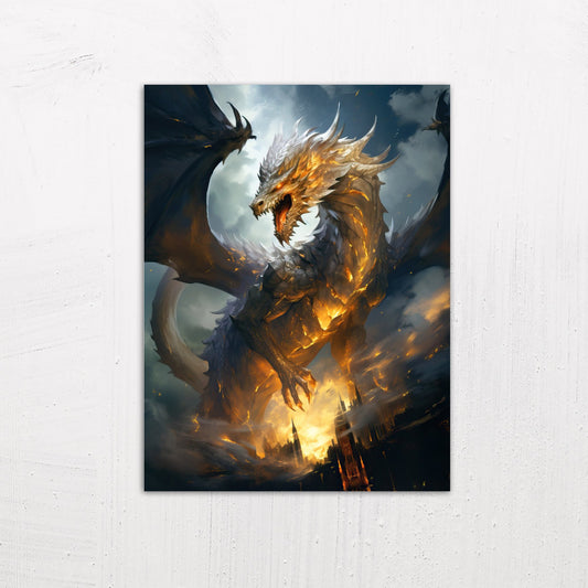 A medium size metal art poster display plate with printed design of a Golden Dragon Fantasy Painting
