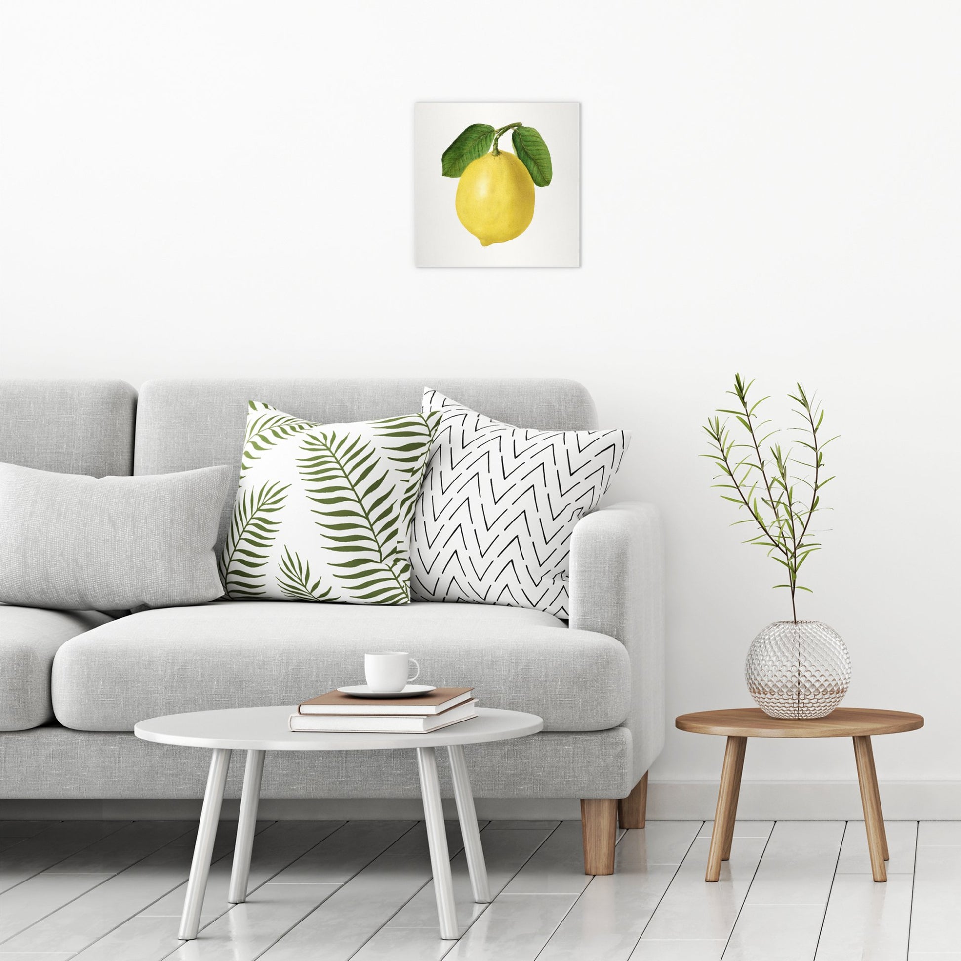 A contemporary modern room view showing a medium size metal art poster display plate with printed design of a Vintage Lemon Illustration by Ellen Isham Schutt (1910)