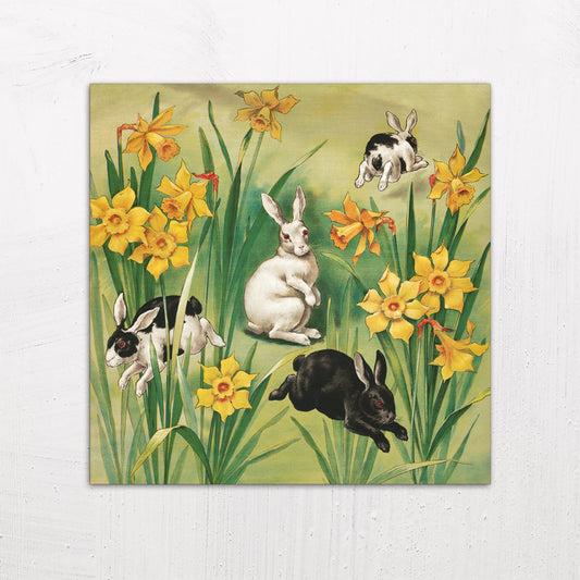 A large size metal art poster display plate with printed design of a Bunnies and Daffodils Vintage Illustration