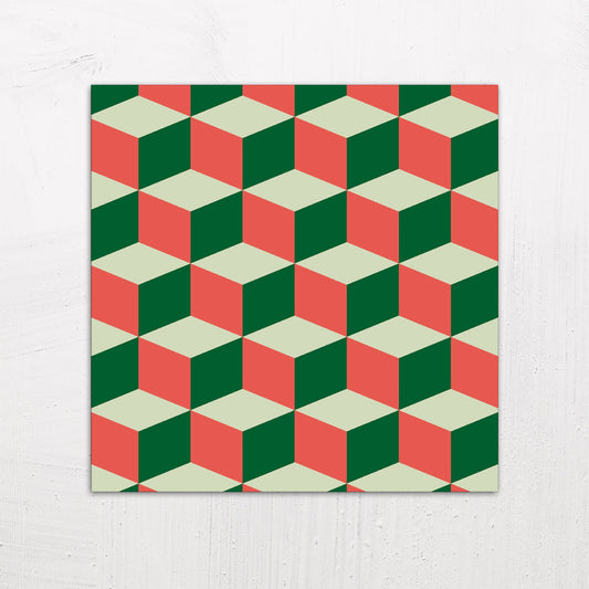A large size metal art poster display plate with printed design of a Blocks Geometric Pattern in Red and Green