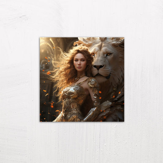A medium size metal art poster display plate with printed design of a Girl with a White Lion