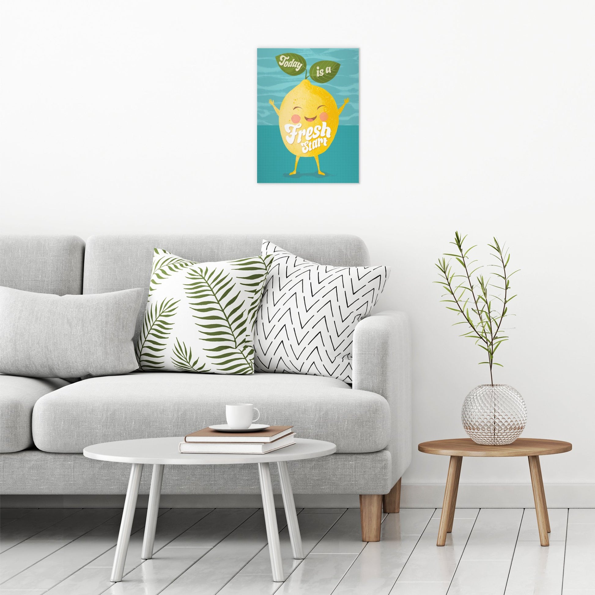 A contemporary modern room view showing a medium size metal art poster display plate with printed design of a Cute Lemon Quote 'Today is a Fresh Start'