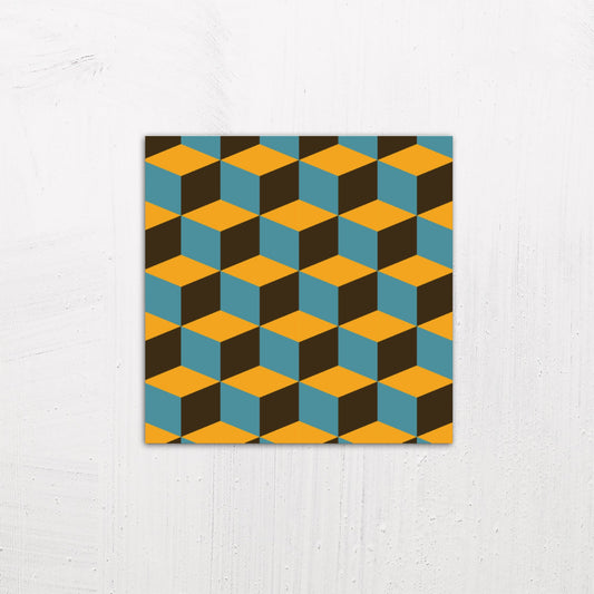 A medium size metal art poster display plate with printed design of a Blocks Geometric Pattern in Brown, Blue and Mustard