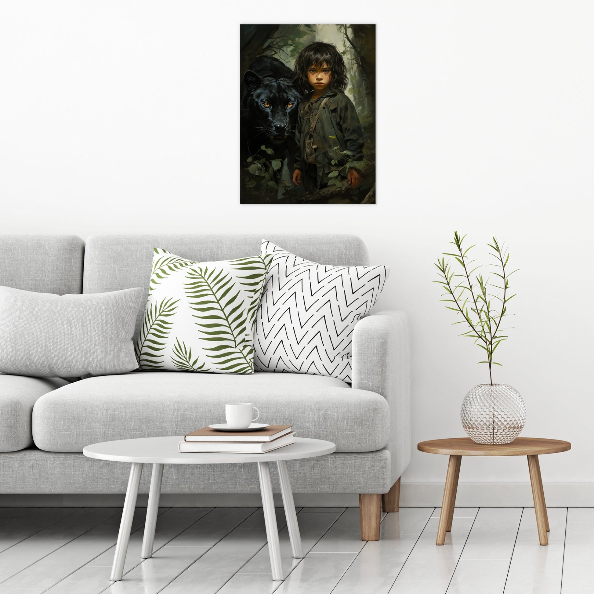 A contemporary modern room view showing a large size metal art poster display plate with printed design of a Boy and Black Panther Fantasy Painting