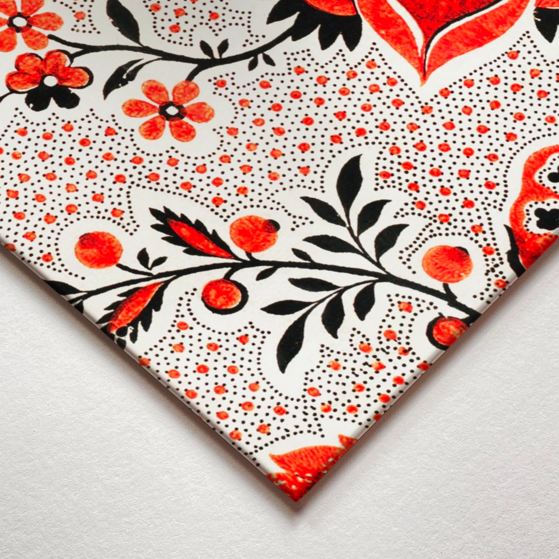 A closeup corner detail view of a metal art poster display plate with printed design of a Vintage Red Floral Wallpaper Pattern