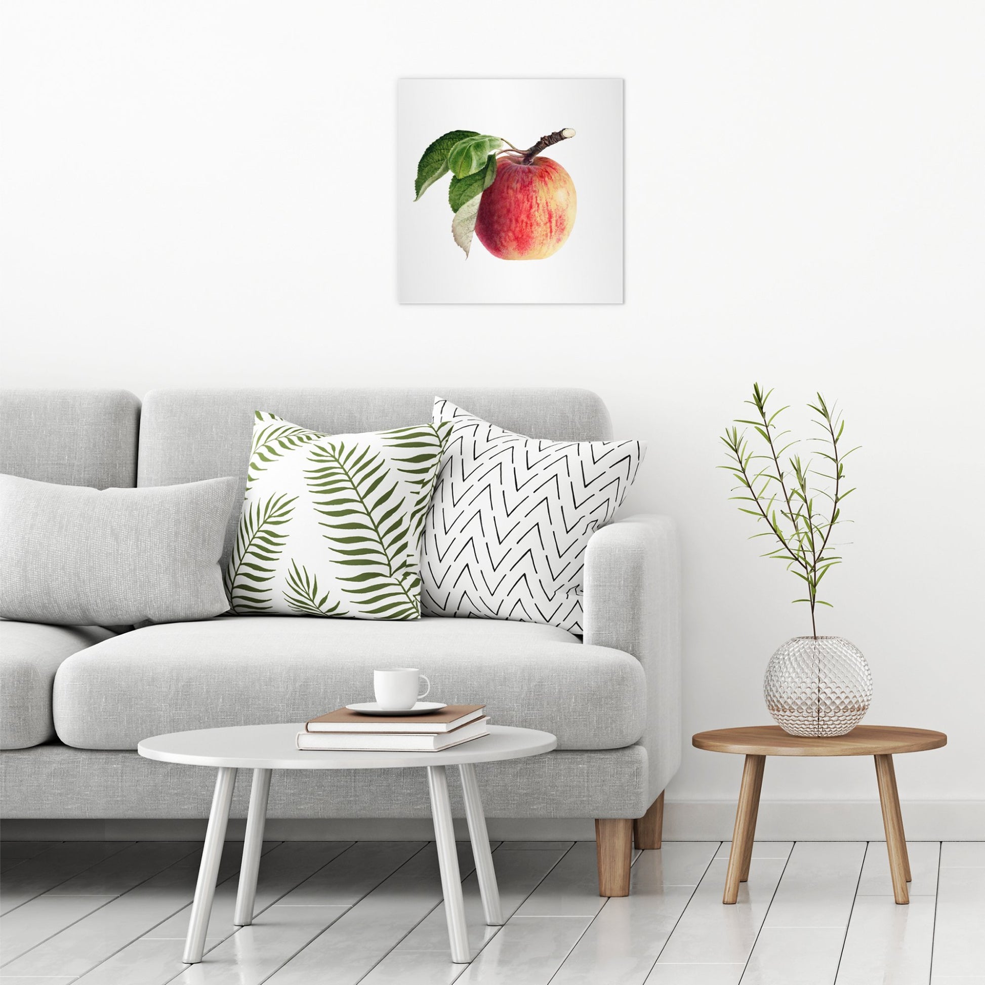 A contemporary modern room view showing a large size metal art poster display plate with printed design of a Vintage Apple Illustration