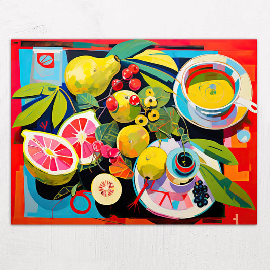 A large size metal art poster display plate with printed design of a Still Life with Fruit Painting