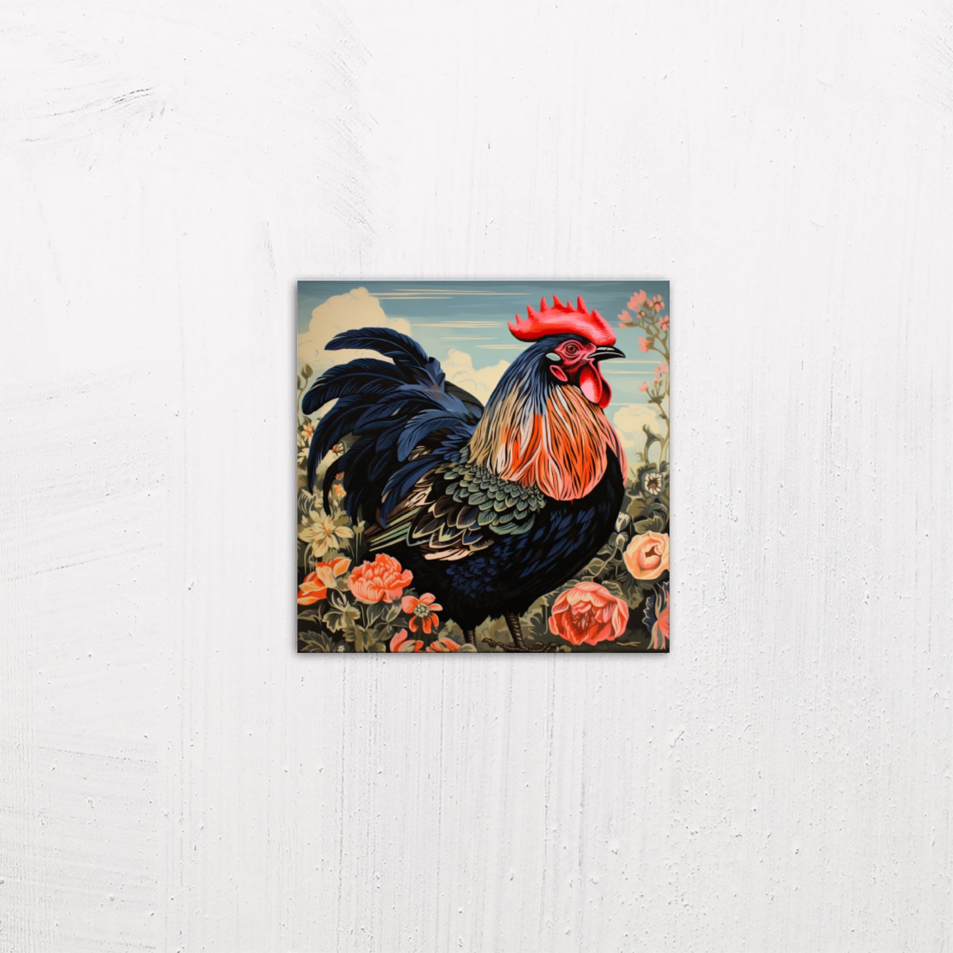 A small size metal art poster display plate with printed design of a Cockerel Among the Flowers illustration