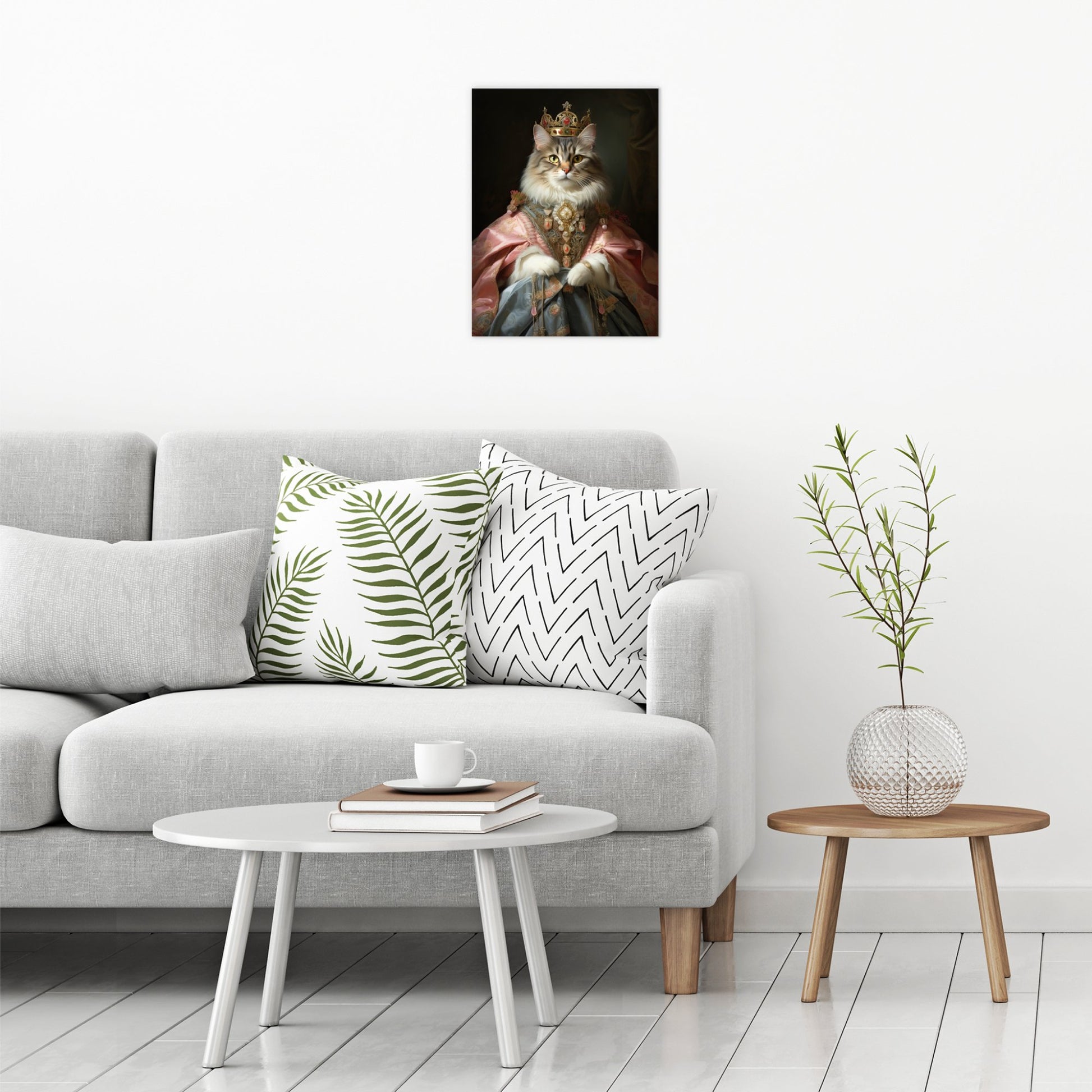 A contemporary modern room view showing a medium size metal art poster display plate with printed design of a Pet Portraits - Princess Kitty Painting