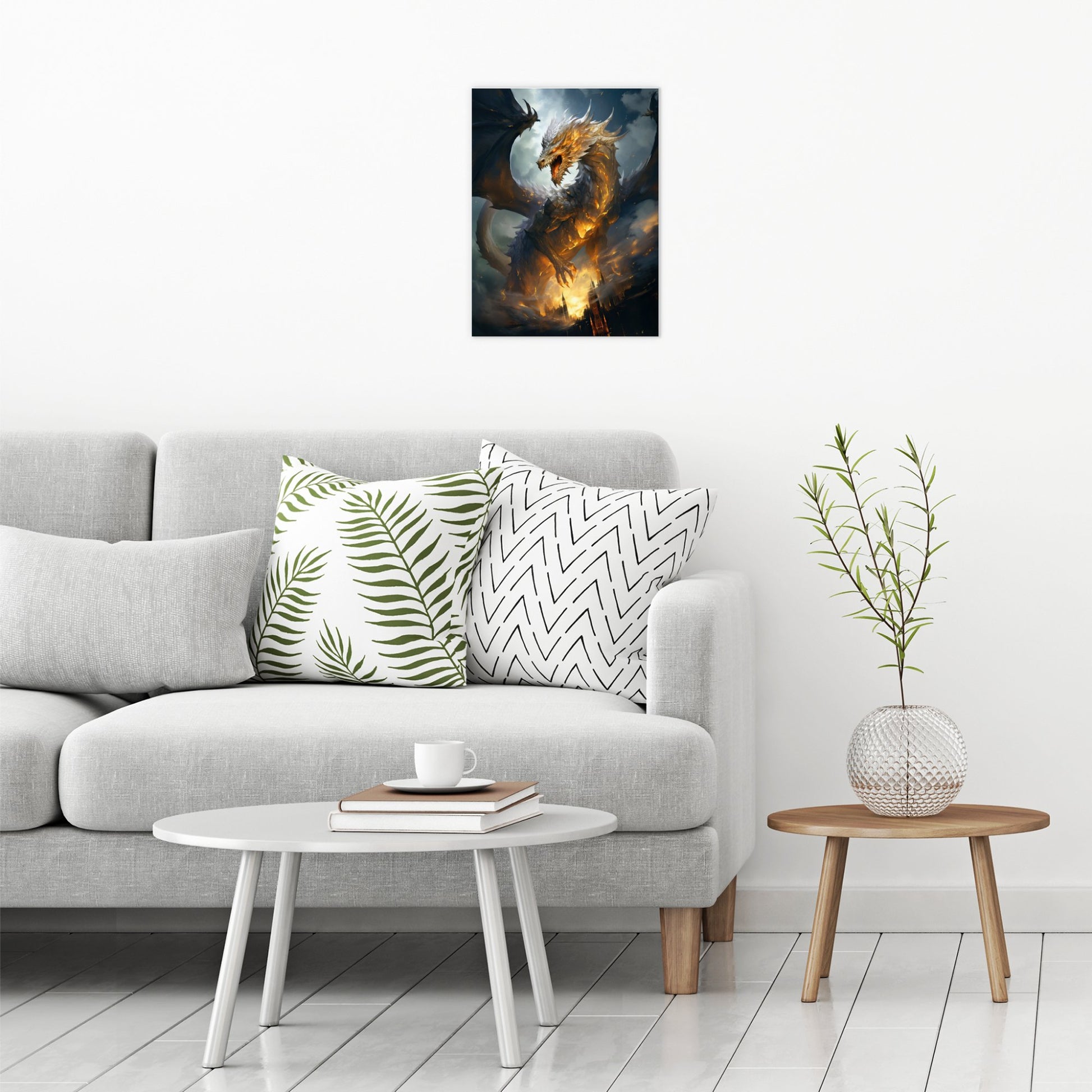 A contemporary modern room view showing a medium size metal art poster display plate with printed design of a Golden Dragon Fantasy Painting