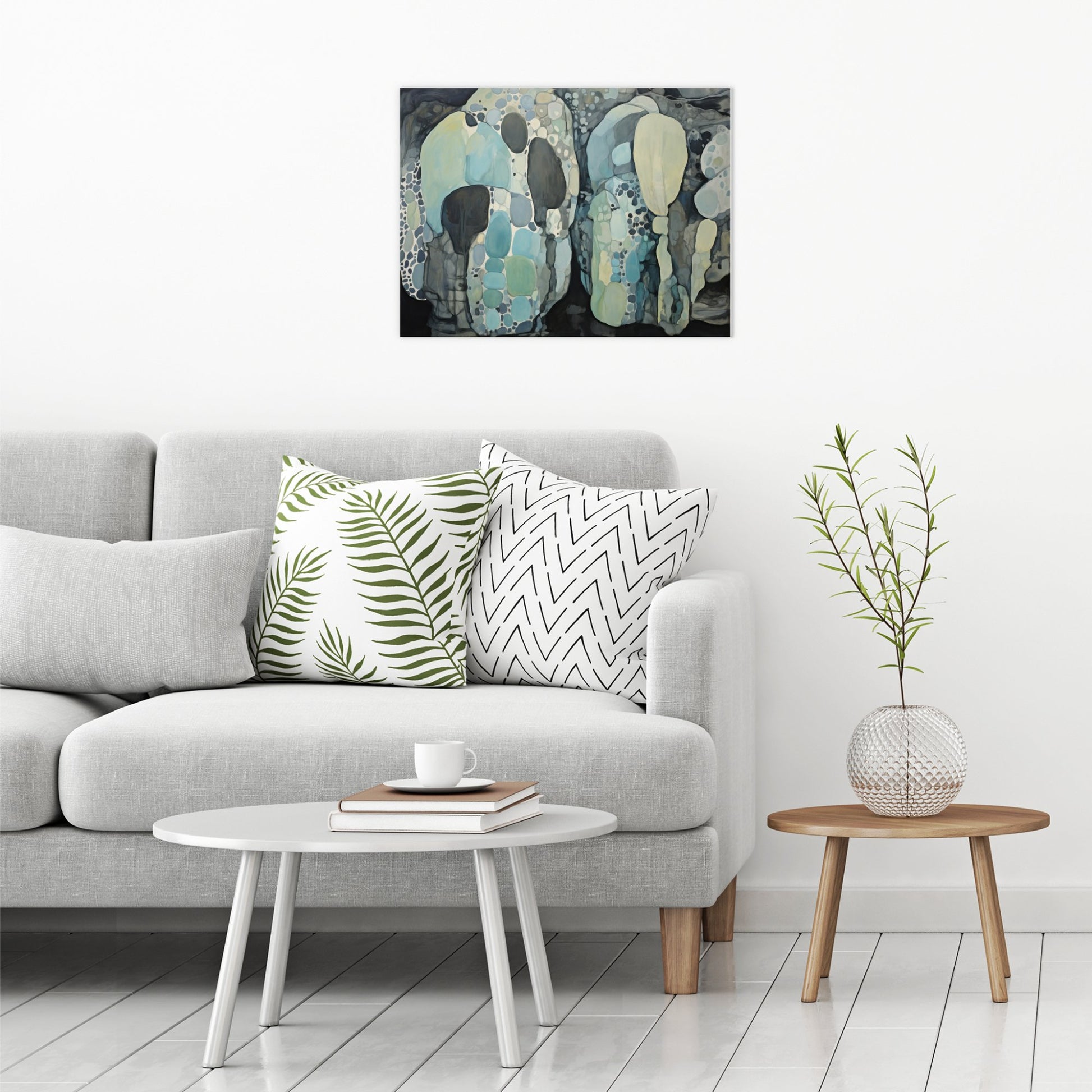 A contemporary modern room view showing a large size metal art poster display plate with printed design of a Blue Rocks Abstract Painting