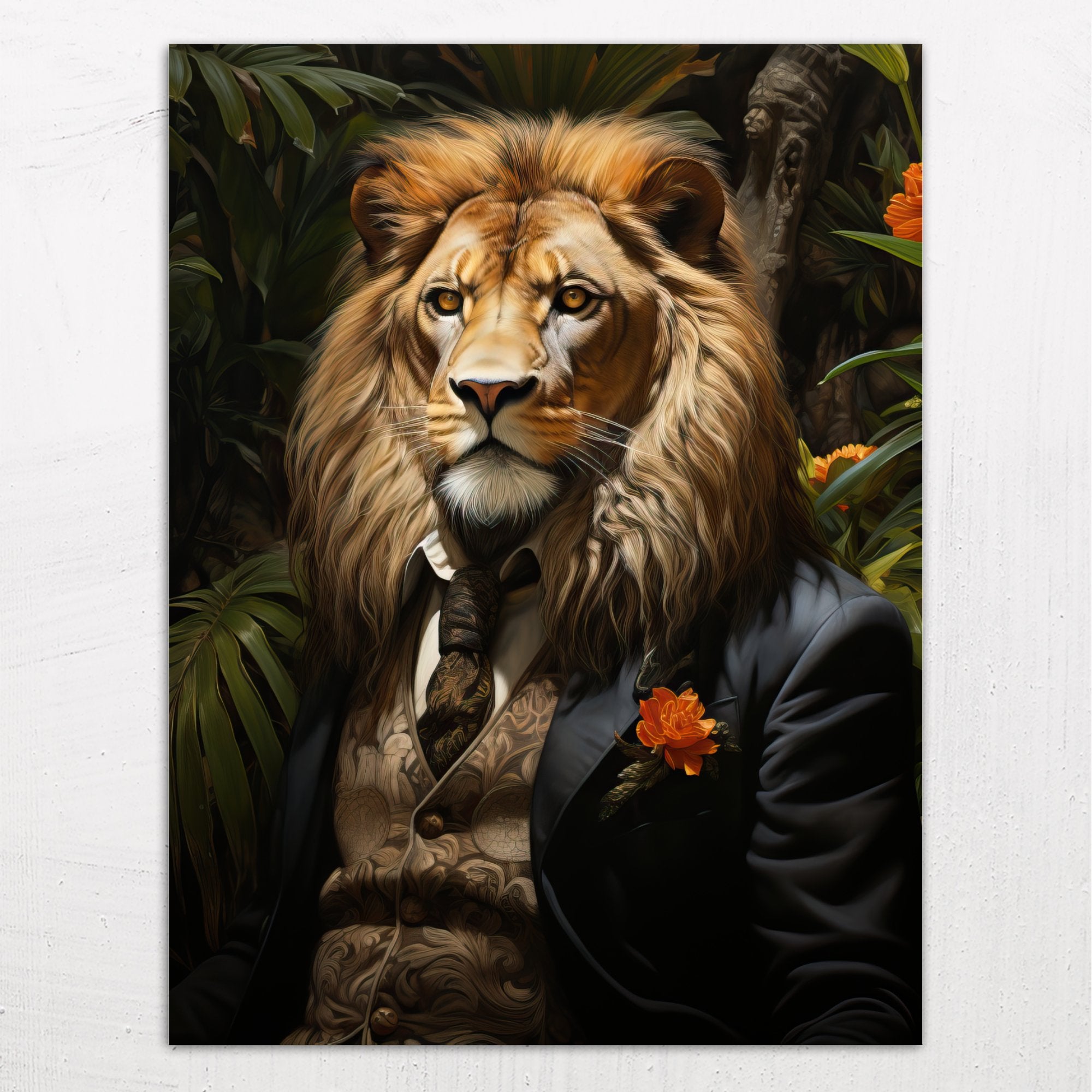Animal Portraits - A Lion in Victorian Costume Surrounded by Jungle Plants