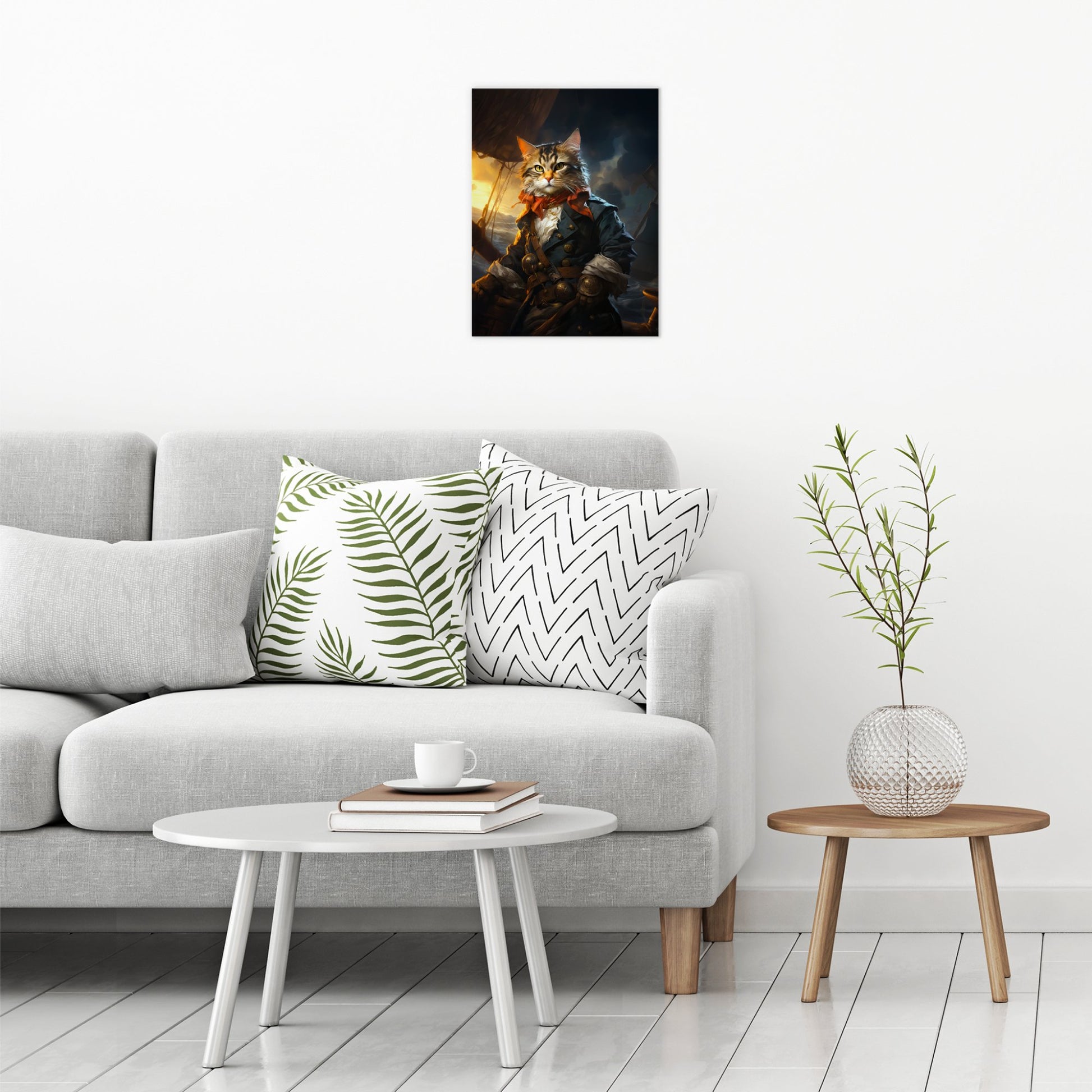 A contemporary modern room view showing a medium size metal art poster display plate with printed design of a Pet Portraits - Pirate Cat Painting