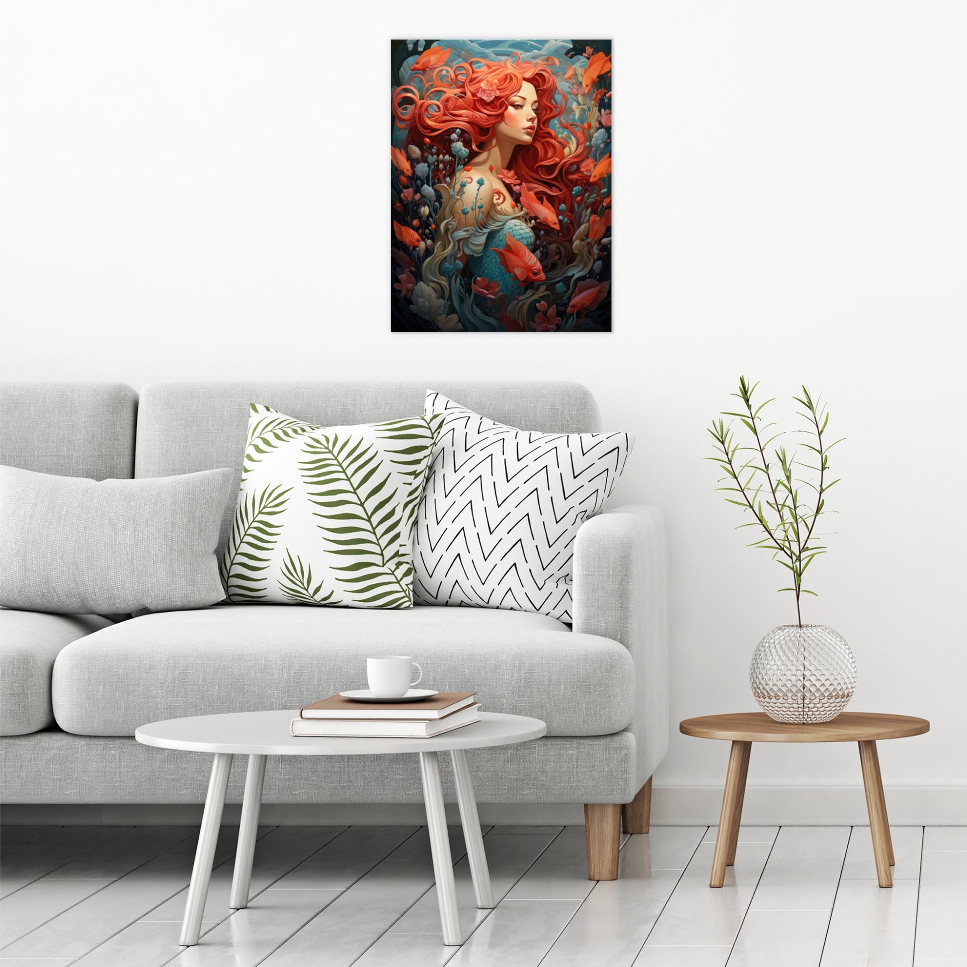 A contemporary modern room view showing a large size metal art poster display plate with printed design of a Mermaid Fantasy Painting