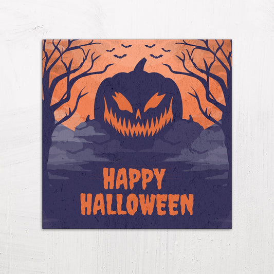 A large size metal art poster display plate with printed design of a Happy Halloween Scary Pumpkin