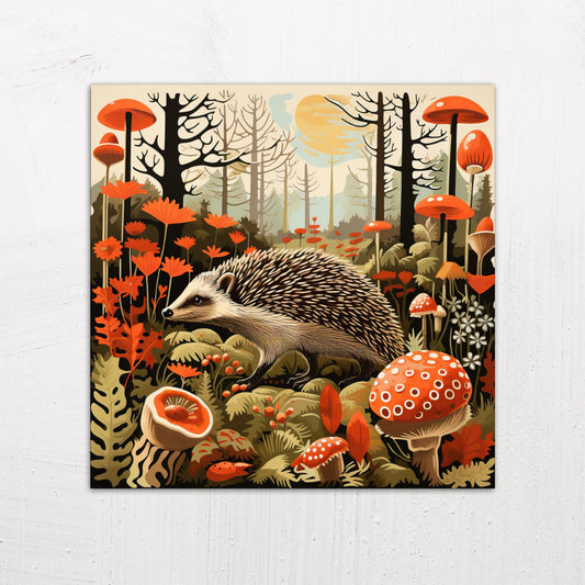 A large size metal art poster display plate with printed design of a Woodland Hedgehog illustration