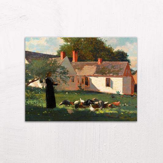 A medium size metal art poster display plate with printed design of a Farmyard Scene by Winslow Homer (1872-1874)