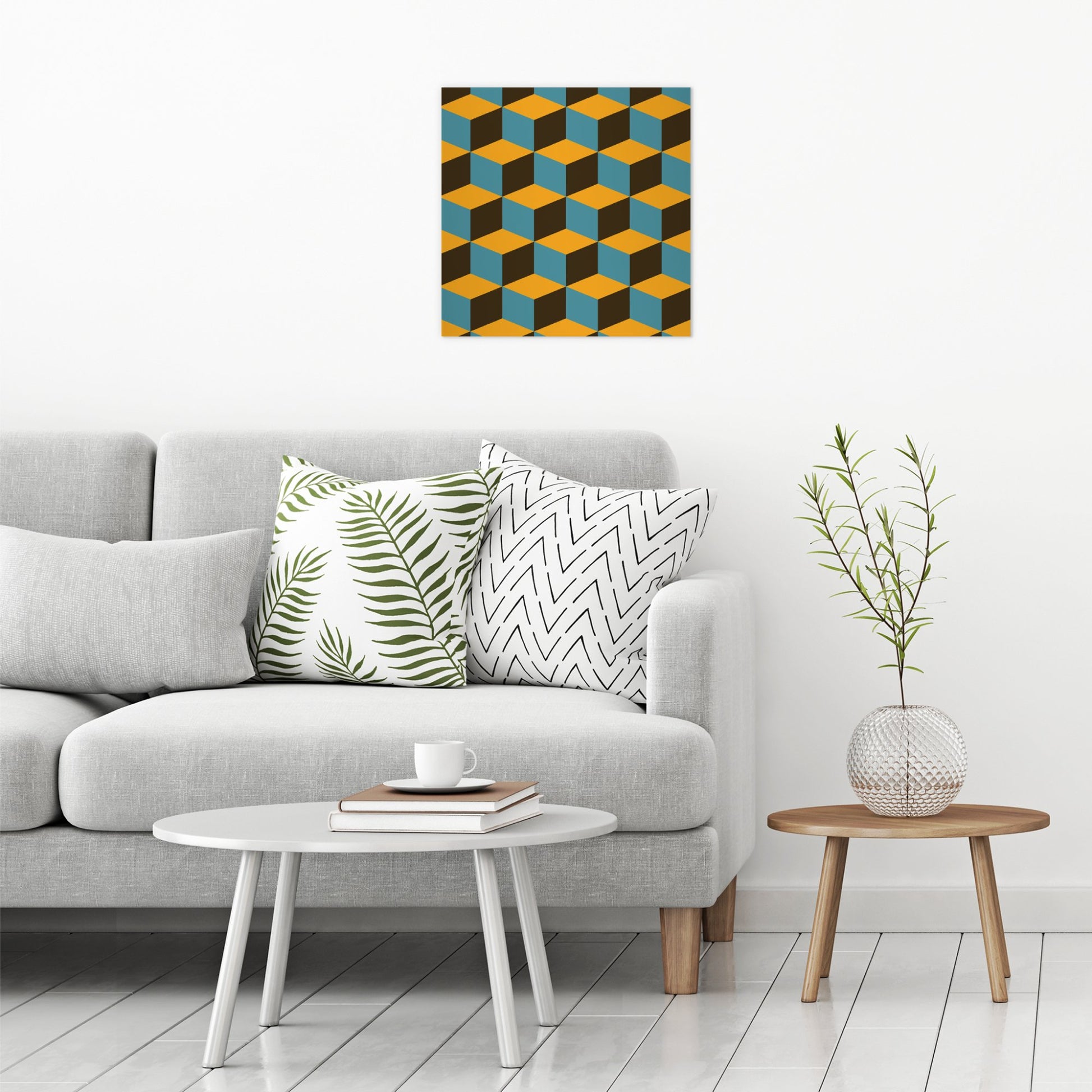 A contemporary modern room view showing a large size metal art poster display plate with printed design of a Blocks Geometric Pattern in Brown, Blue and Mustard