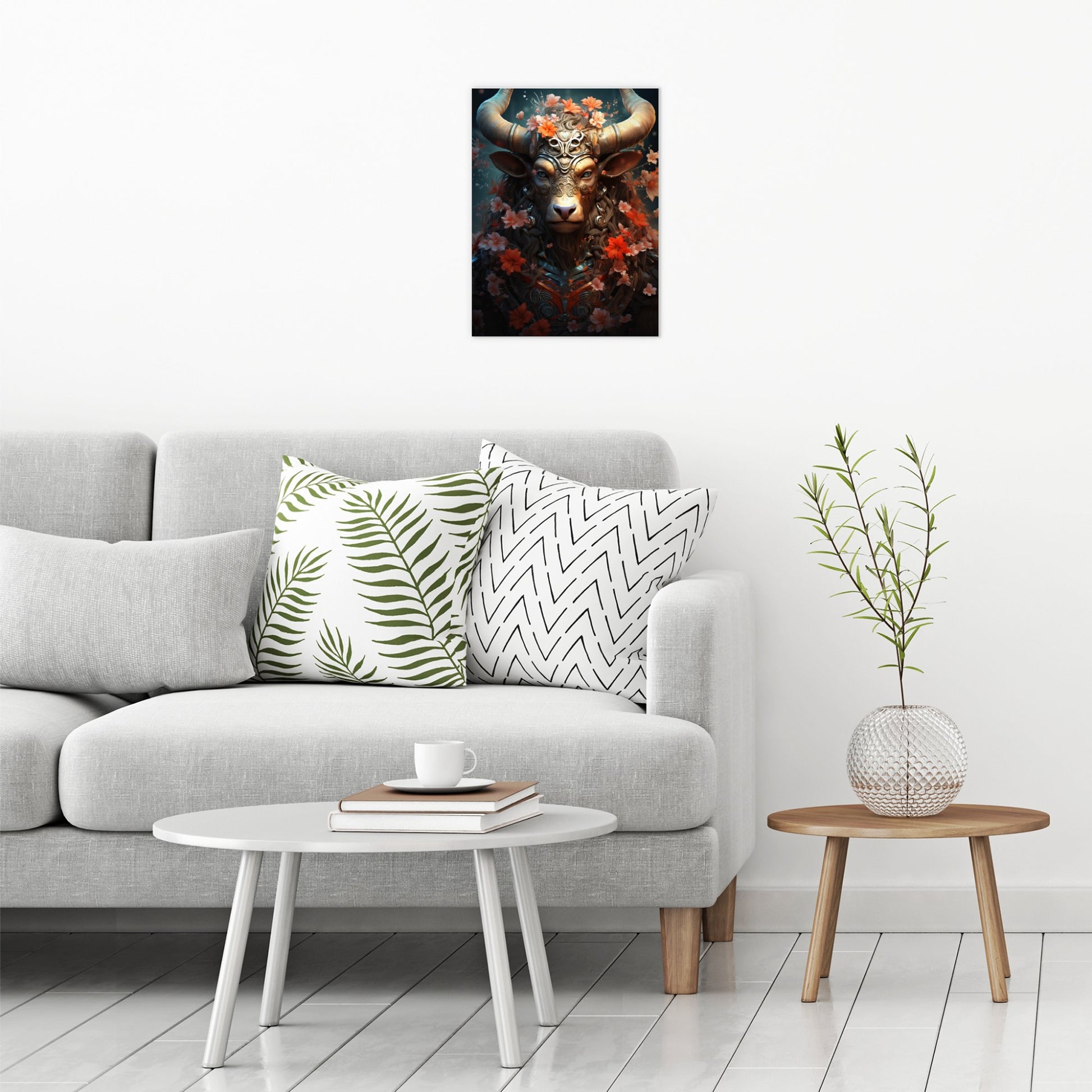 A contemporary modern room view showing a medium size metal art poster display plate with printed design of a Magical Minotaur Fantasy Painting