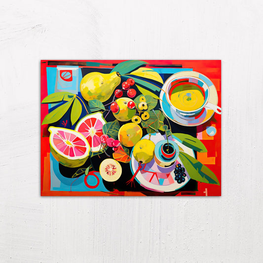 A medium size metal art poster display plate with printed design of a Still Life with Fruit Painting