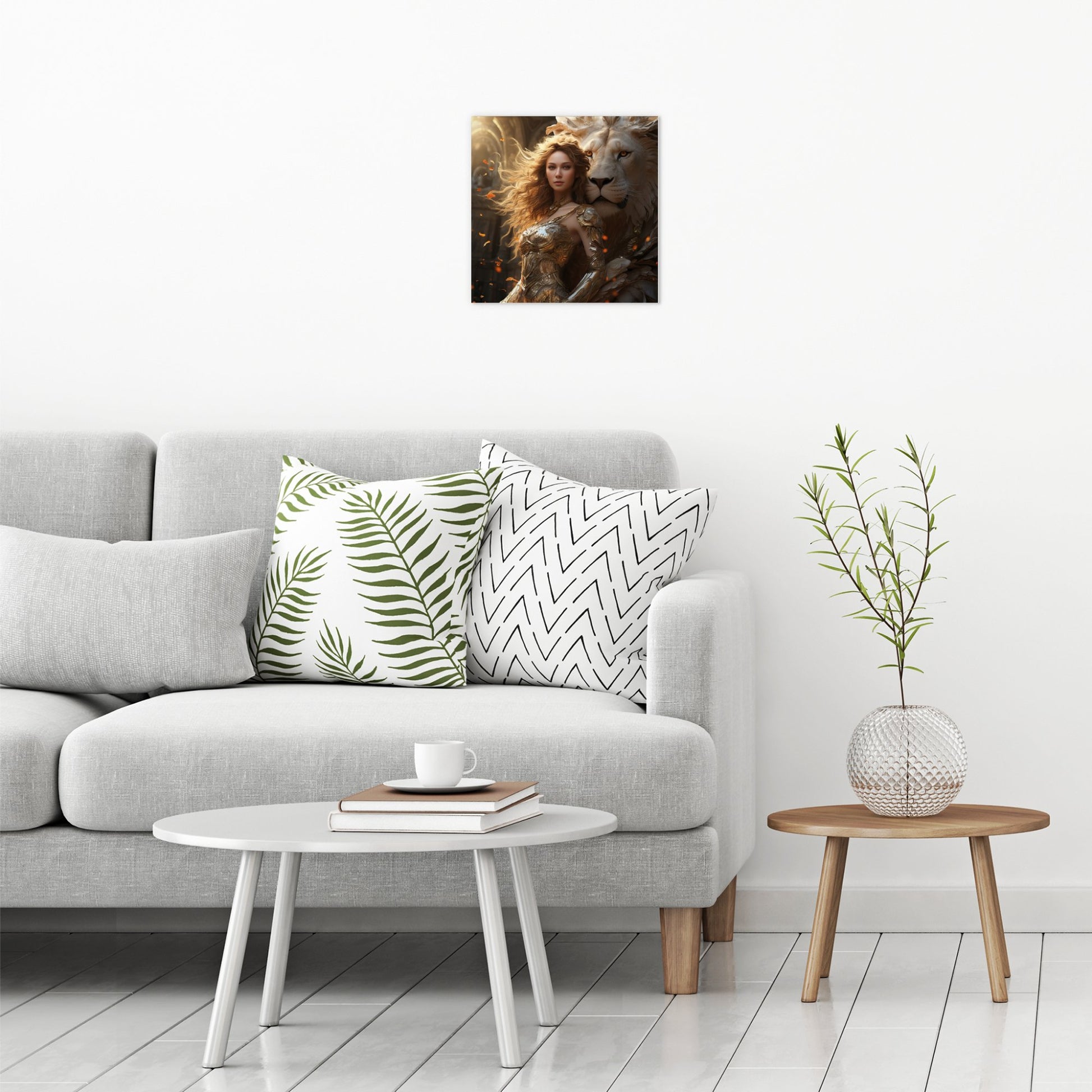 A contemporary modern room view showing a medium size metal art poster display plate with printed design of a Girl with a White Lion