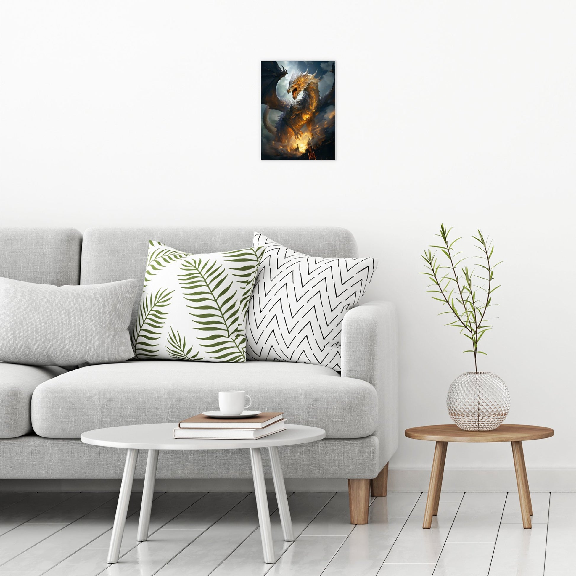 A contemporary modern room view showing a small size metal art poster display plate with printed design of a Golden Dragon Fantasy Painting