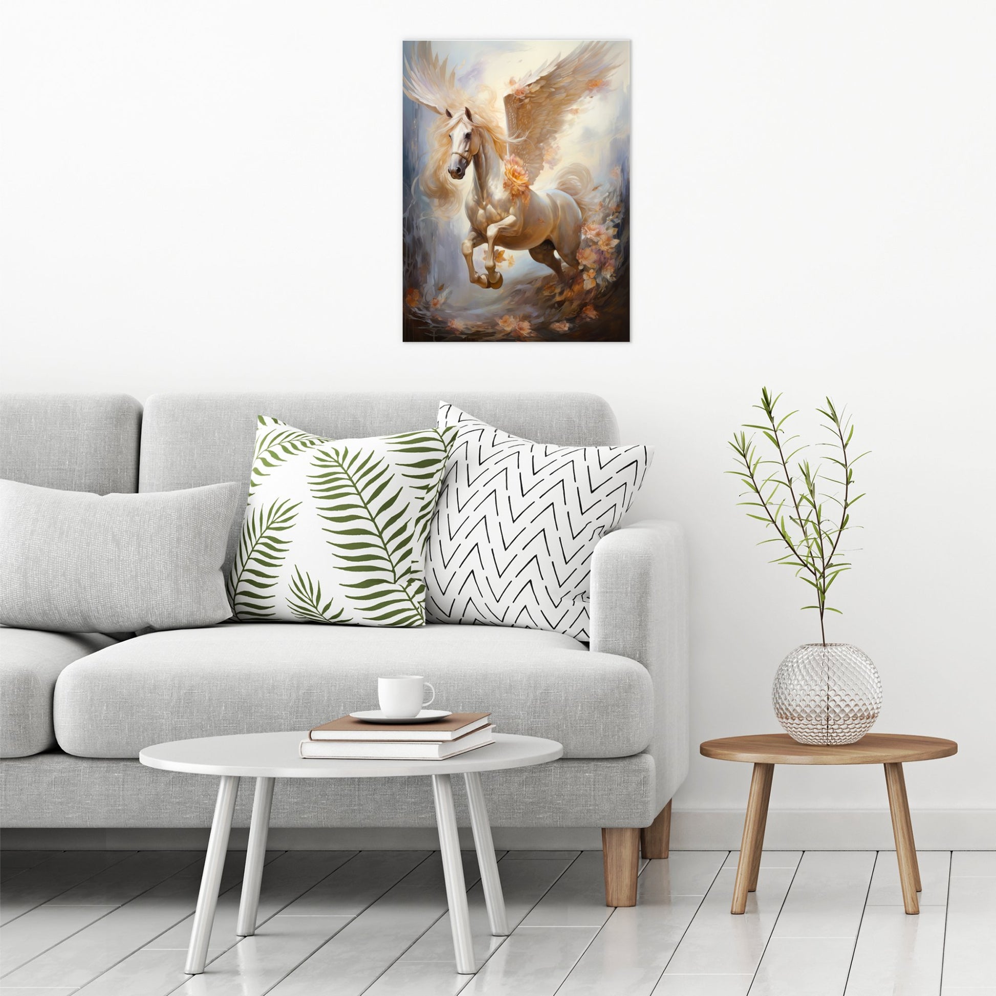 A contemporary modern room view showing a large size metal art poster display plate with printed design of a Pegasus Flying Horse Fantasy Painting
