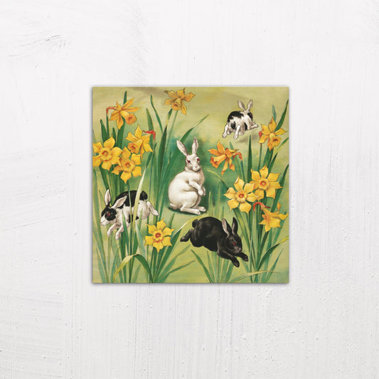A medium size metal art poster display plate with printed design of a Bunnies and Daffodils Vintage Illustration