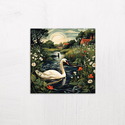 A medium size metal art poster display plate with printed design of a Swan at Sundown illustration
