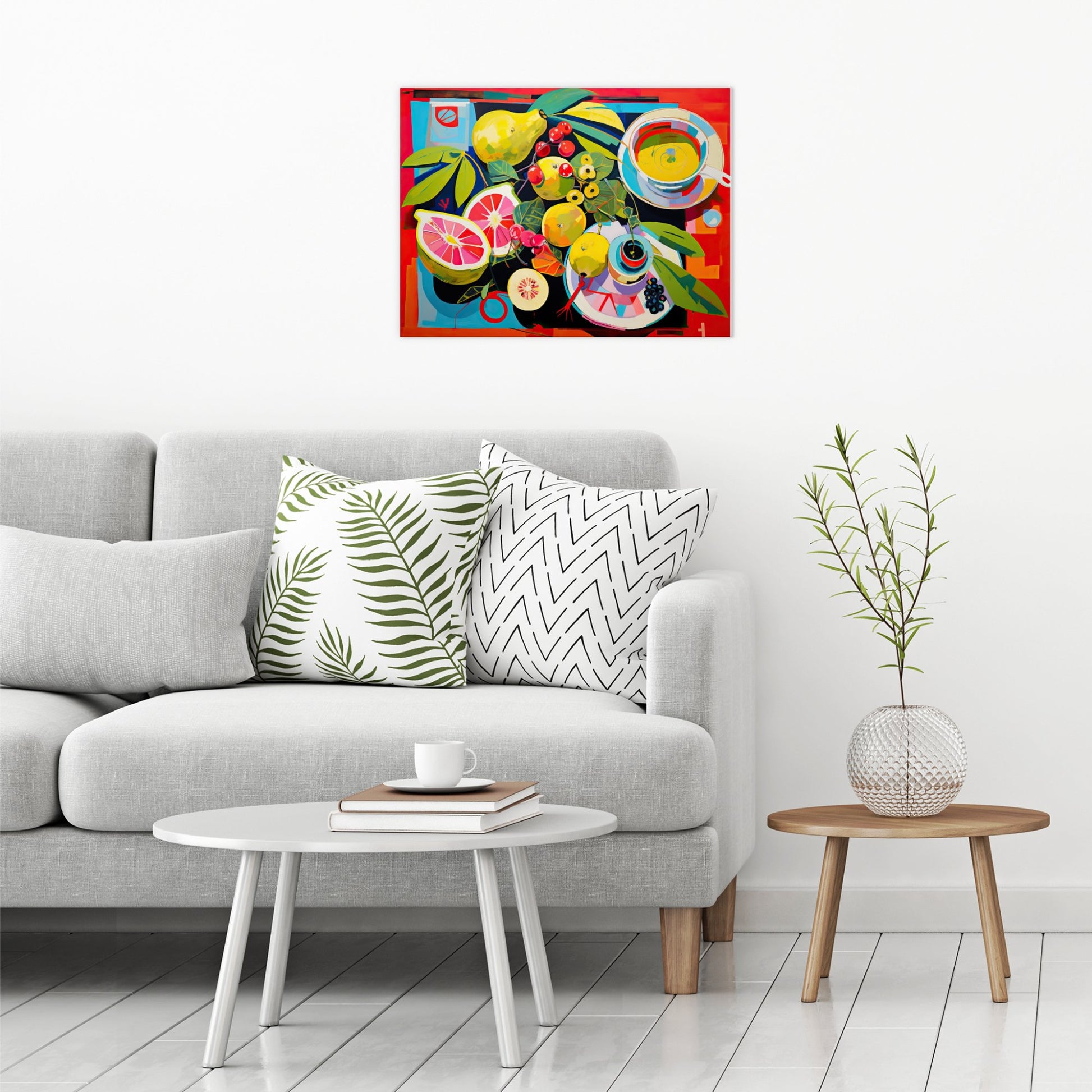 A contemporary modern room view showing a large size metal art poster display plate with printed design of a Still Life with Fruit Painting