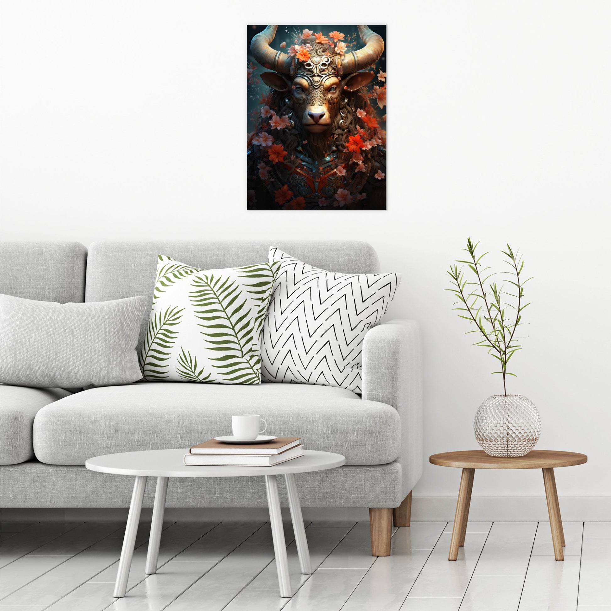 A contemporary modern room view showing a large size metal art poster display plate with printed design of a Magical Minotaur Fantasy Painting