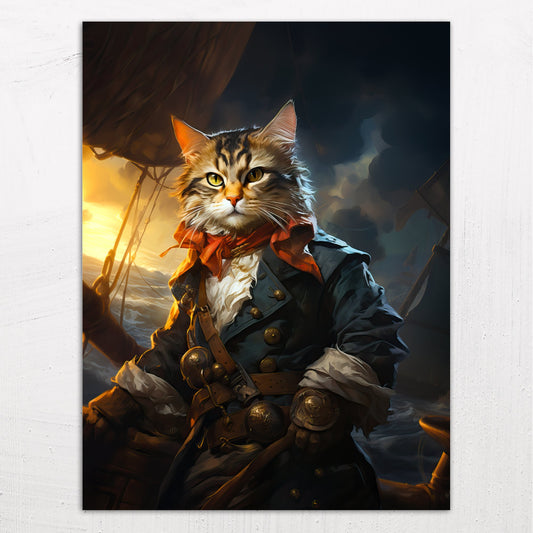A large size metal art poster display plate with printed design of a Pet Portraits - Pirate Cat Painting