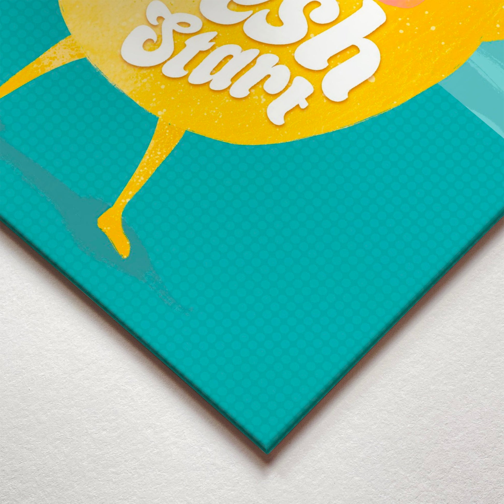 A closeup corner detail view of a metal art poster display plate with printed design of a Cute Lemon Quote 'Today is a Fresh Start'