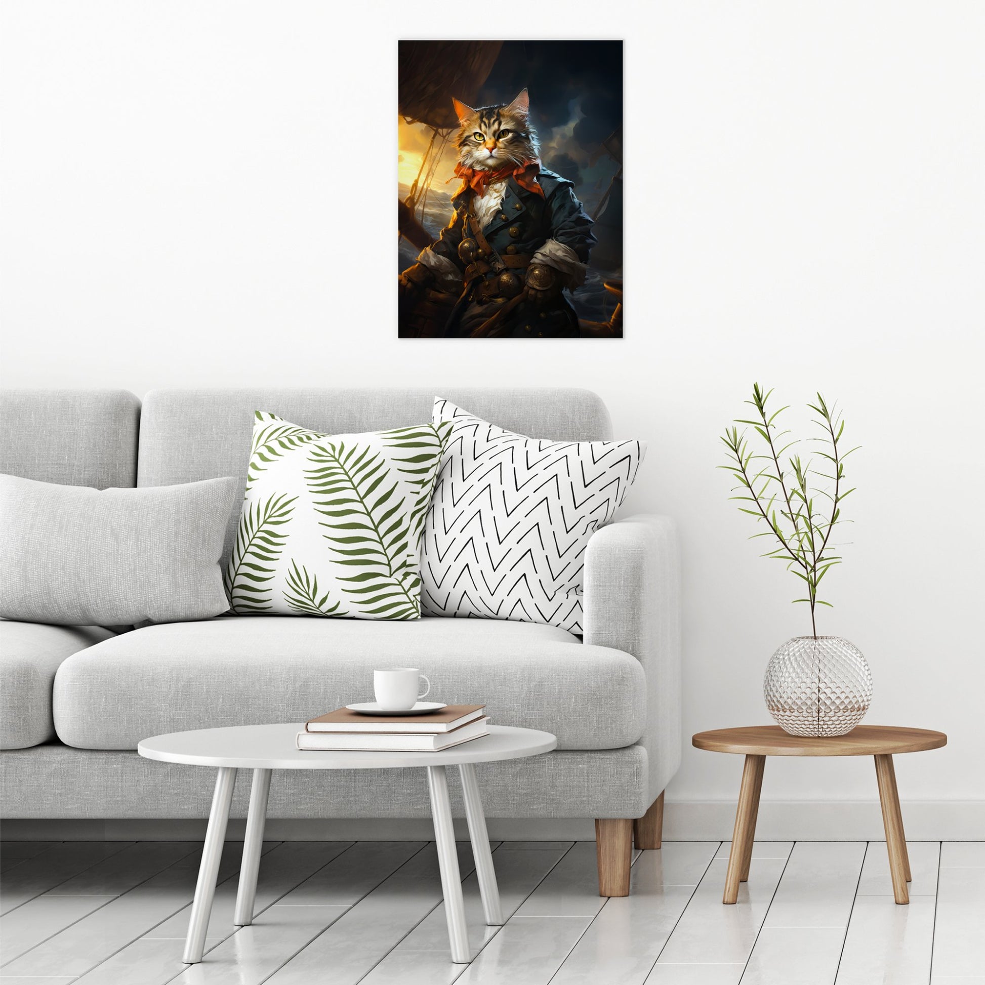 A contemporary modern room view showing a large size metal art poster display plate with printed design of a Pet Portraits - Pirate Cat Painting