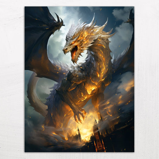 A large size metal art poster display plate with printed design of a Golden Dragon Fantasy Painting