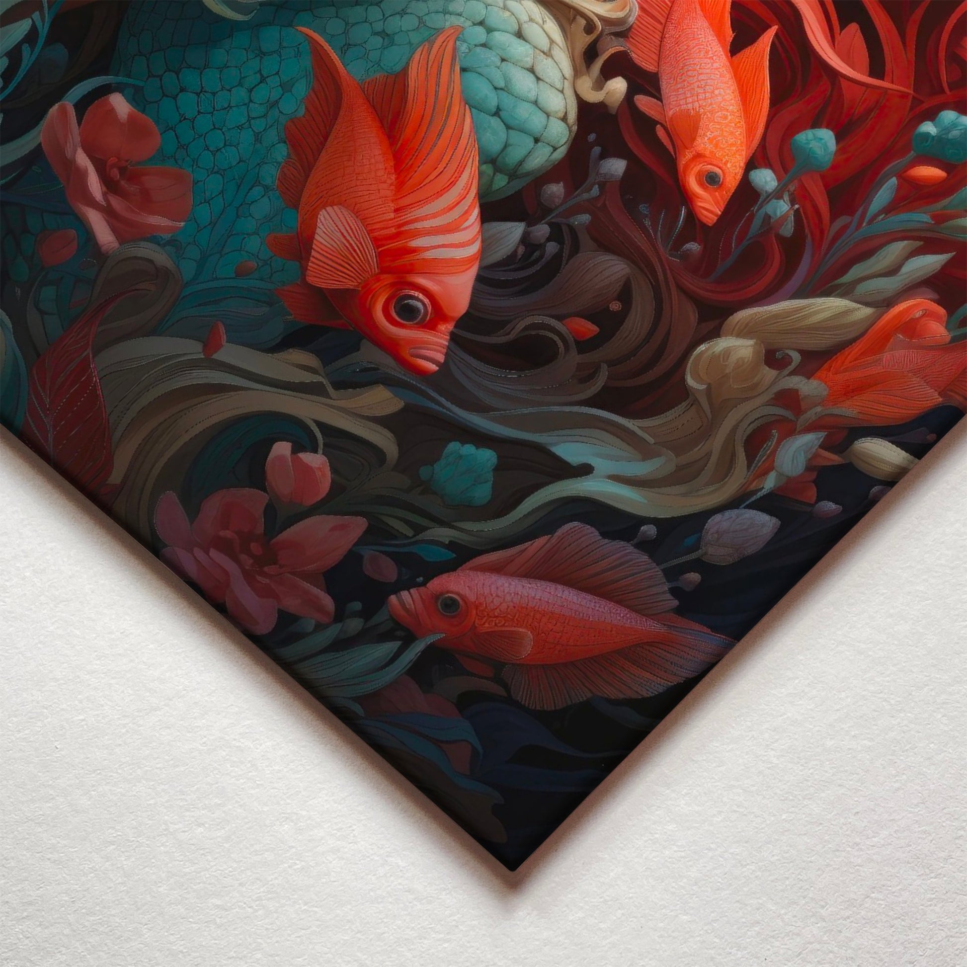 A closeup corner detail view of a metal art poster display plate with printed design of a Mermaid Fantasy Painting