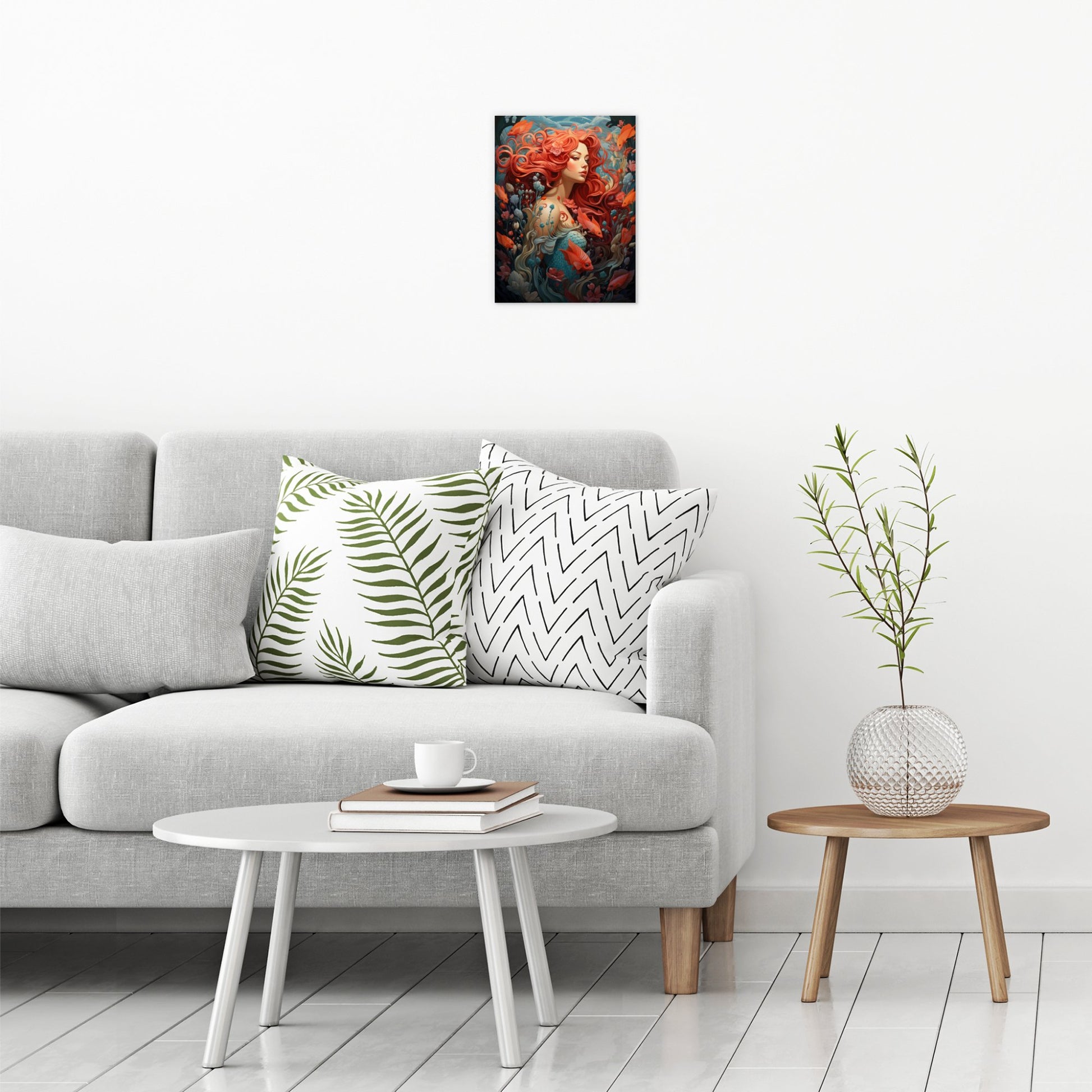 A contemporary modern room view showing a small size metal art poster display plate with printed design of a Mermaid Fantasy Painting