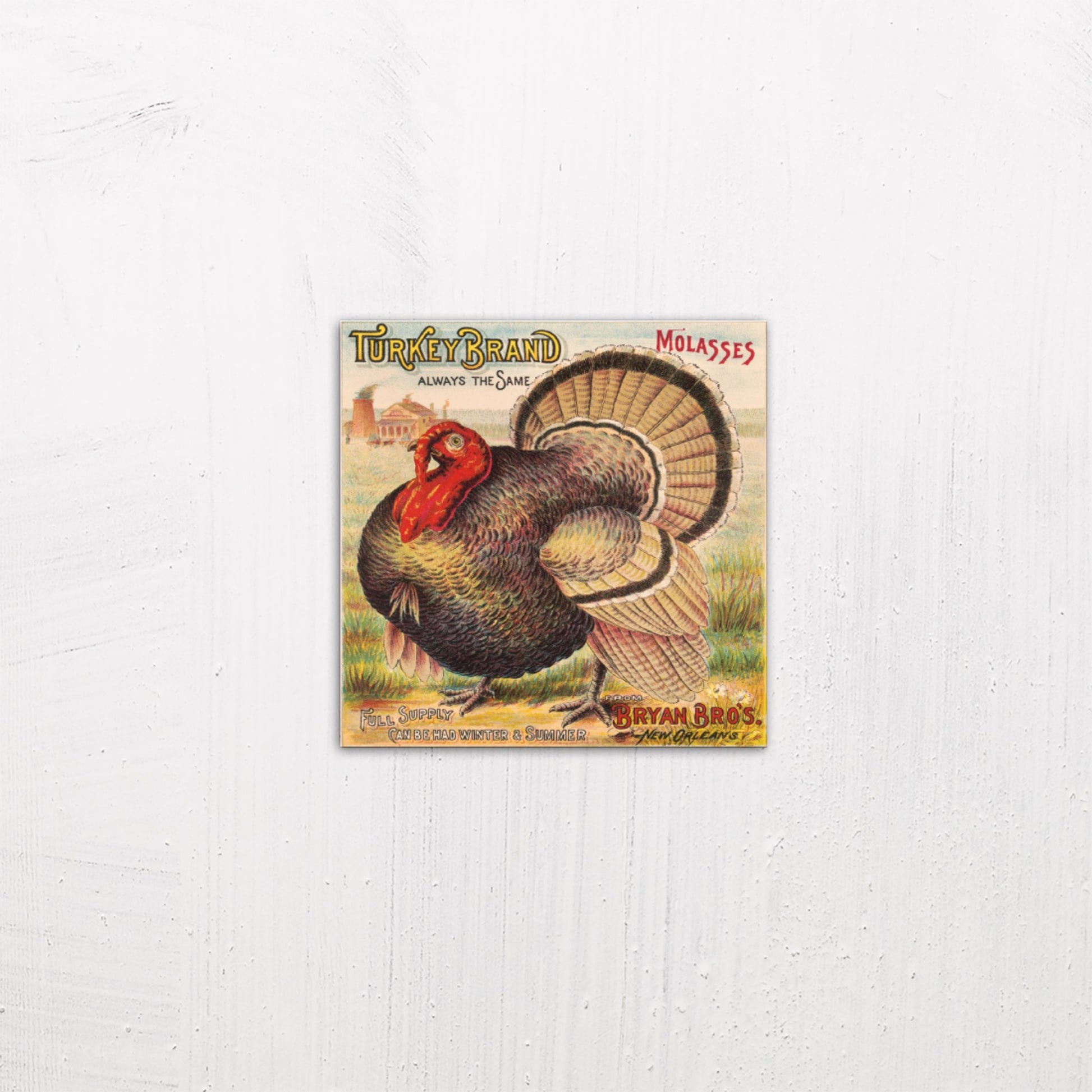 A small size metal art poster display plate with printed design of a Turkey Brand Molasses Vintage Poster