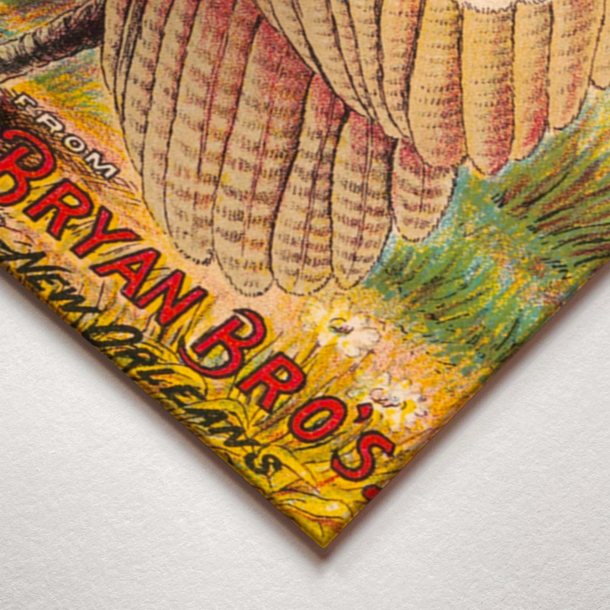 A closeup corner detail view of a metal art poster display plate with printed design of a Turkey Brand Molasses Vintage Poster