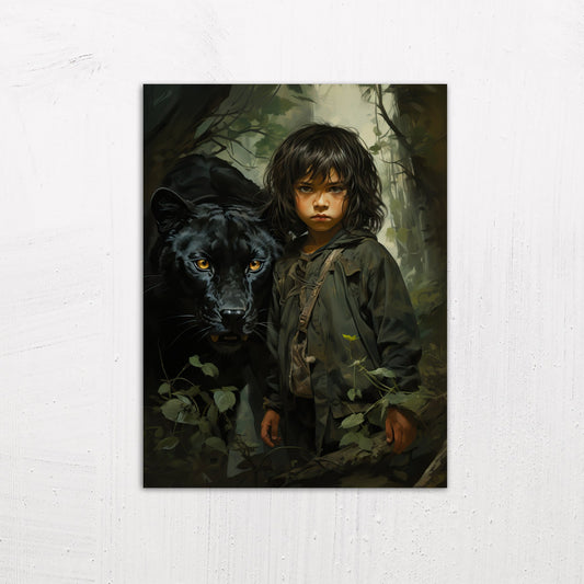 A medium size metal art poster display plate with printed design of a Boy and Black Panther Fantasy Painting