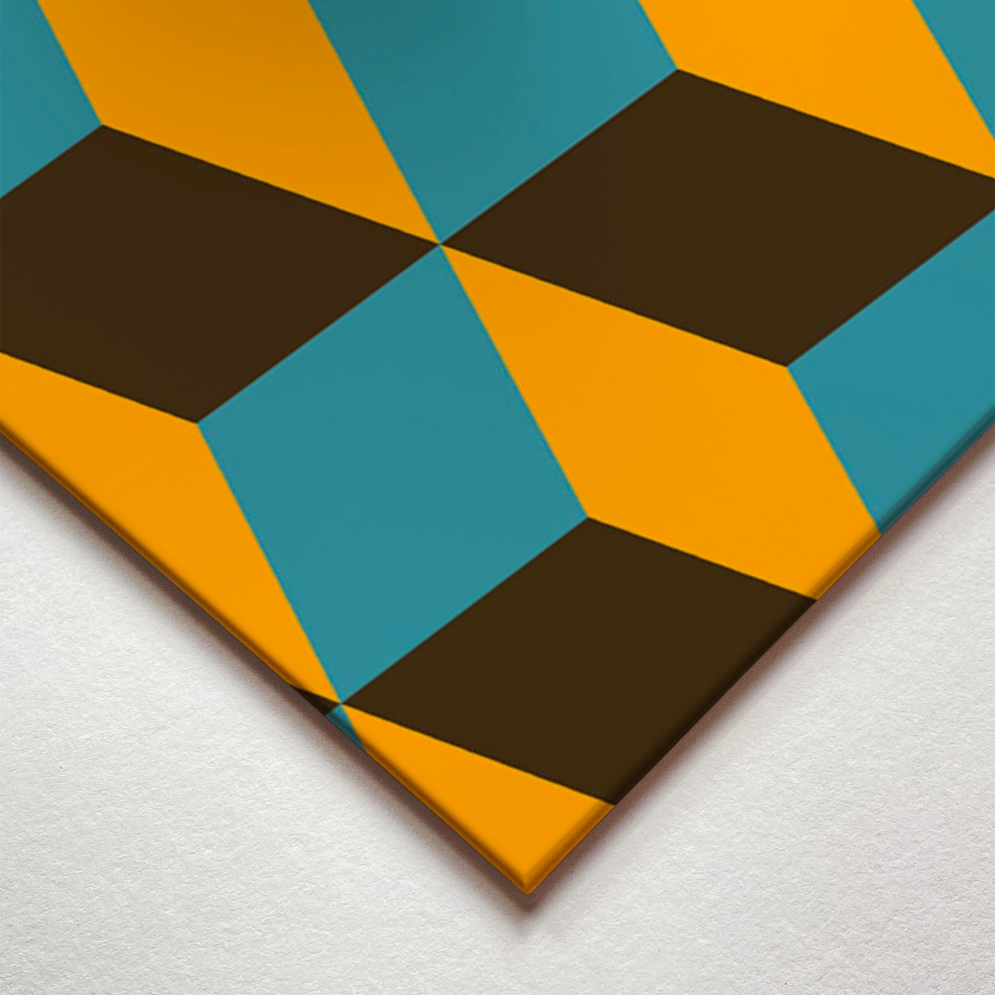 A closeup corner detail view of a metal art poster display plate with printed design of a Blocks Geometric Pattern in Brown, Blue and Mustard